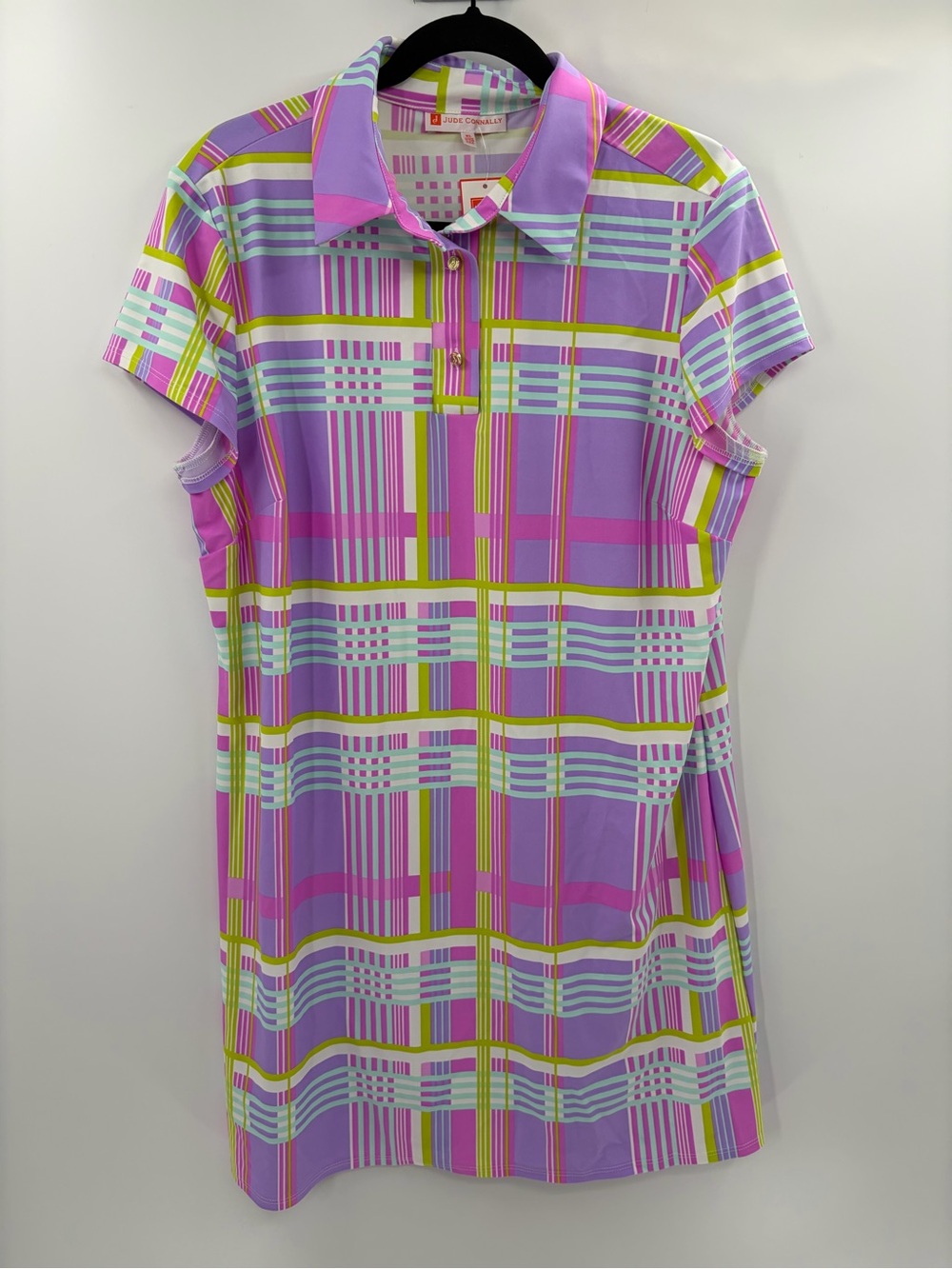 Jude Connally Short Sleeve Polo Shift Dress Plaid Print Pink Purple size xl NWT
